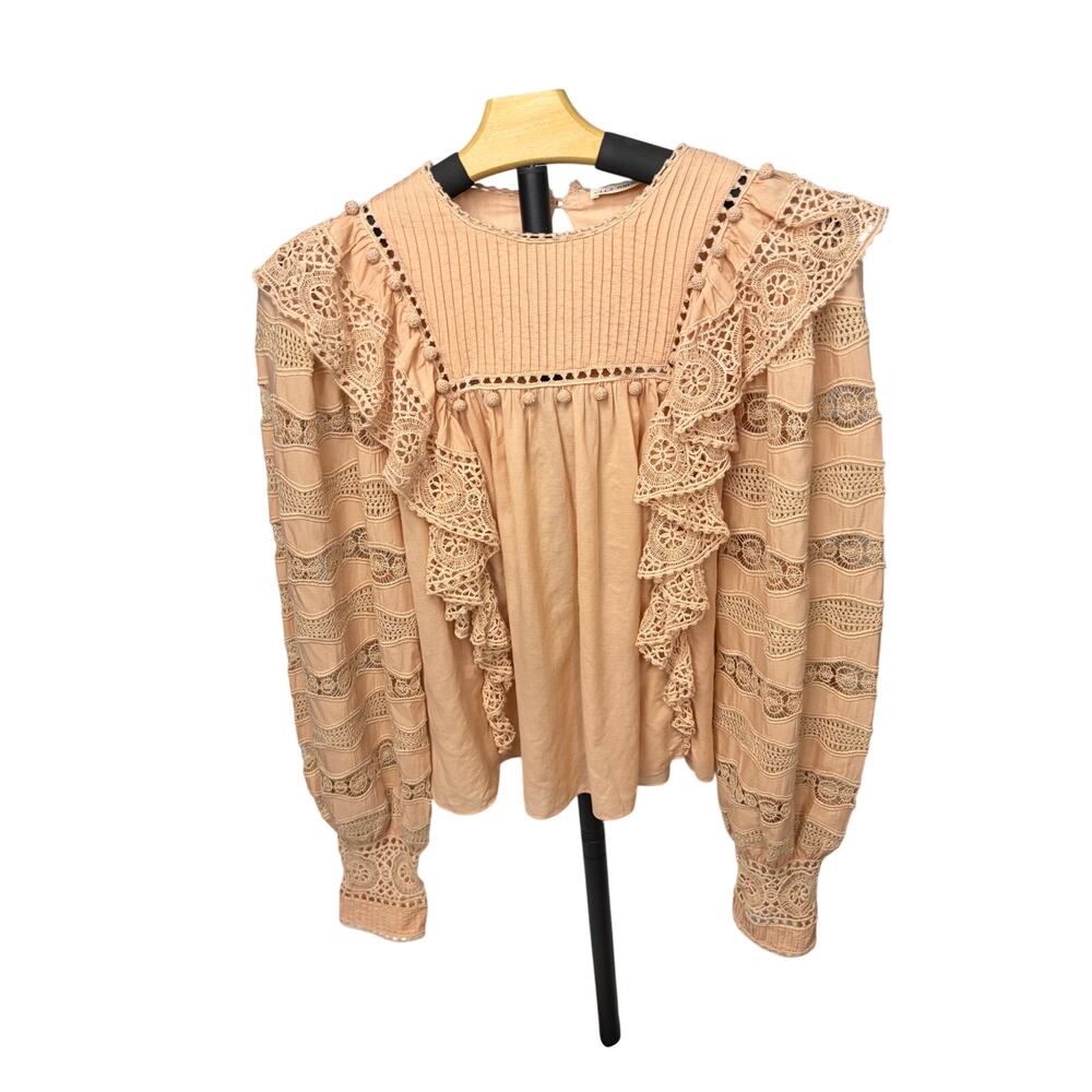 Ulla Johnson Lily dusty pink peach long sleeve crochet ruffles lace blouse. Sz S
